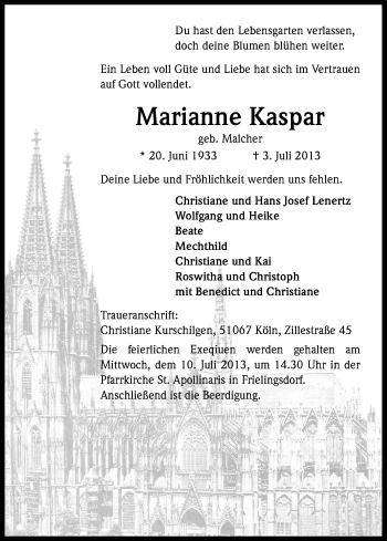 Anzeige von Marianne Kaspar von Kölner Stadt-Anzeiger / Kölnische Rundschau / Express