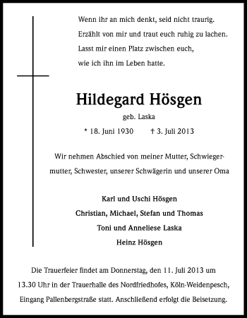 Anzeige von Hildegard Hösgen von Kölner Stadt-Anzeiger / Kölnische Rundschau / Express