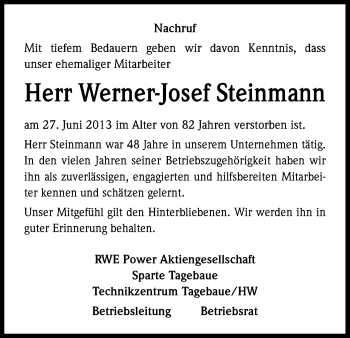 Anzeige von Werner-Josef Steinmann von Kölner Stadt-Anzeiger / Kölnische Rundschau / Express