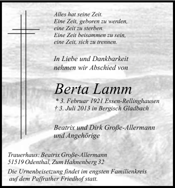 Anzeige von Berta Lamm von Kölner Stadt-Anzeiger / Kölnische Rundschau / Express