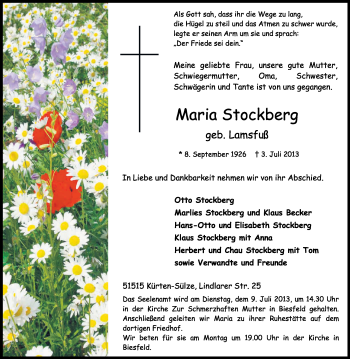 Anzeige von Maria Stockberg von Kölner Stadt-Anzeiger / Kölnische Rundschau / Express