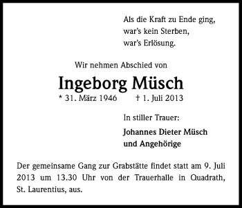 Anzeige von Ingeborg Müsch von Kölner Stadt-Anzeiger / Kölnische Rundschau / Express