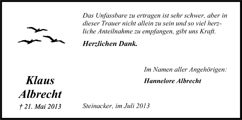  Traueranzeige für Klaus Albrecht vom 06.07.2013 aus Kölner Stadt-Anzeiger / Kölnische Rundschau / Express