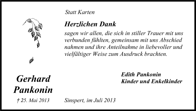  Traueranzeige für Gerhard Pankonin vom 06.07.2013 aus Kölner Stadt-Anzeiger / Kölnische Rundschau / Express