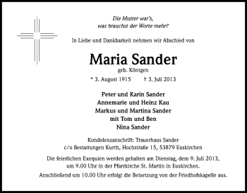 Anzeige von Maria Sander von Kölner Stadt-Anzeiger / Kölnische Rundschau / Express
