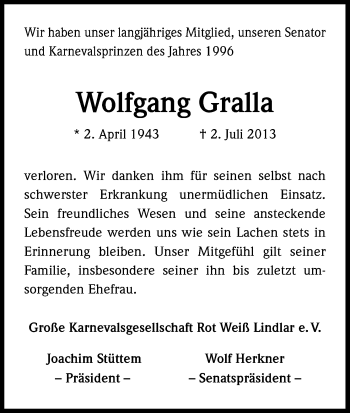 Anzeige von Wolfgang Gralla von Kölner Stadt-Anzeiger / Kölnische Rundschau / Express