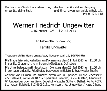 Anzeige von Werner Friedrich Ungewitter von Kölner Stadt-Anzeiger / Kölnische Rundschau / Express