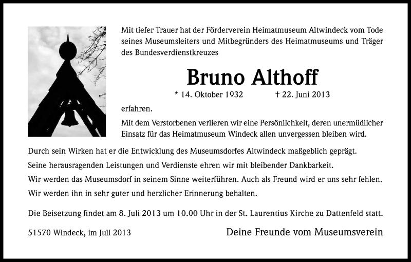  Traueranzeige für Bruno Althoff vom 06.07.2013 aus Kölner Stadt-Anzeiger / Kölnische Rundschau / Express