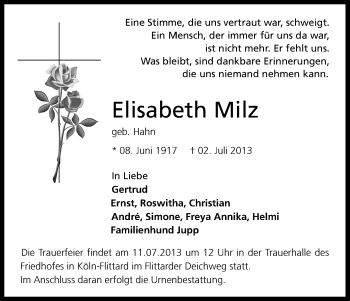 Anzeige von Elisabeth Milz von Kölner Stadt-Anzeiger / Kölnische Rundschau / Express