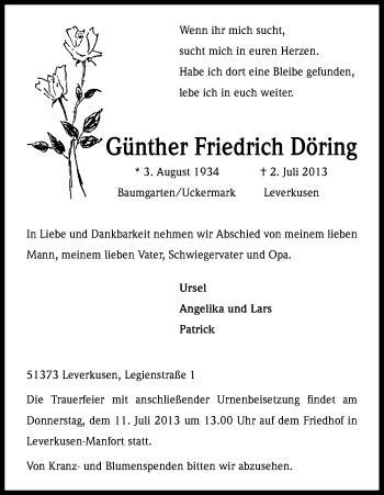 Anzeige von Günther Friedrich Döring von Kölner Stadt-Anzeiger / Kölnische Rundschau / Express
