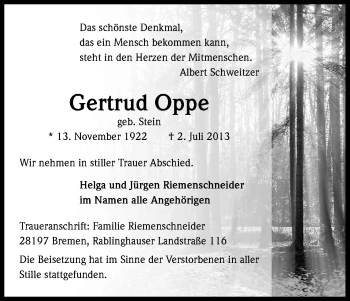 Anzeige von Gertrud Oppe von Kölner Stadt-Anzeiger / Kölnische Rundschau / Express