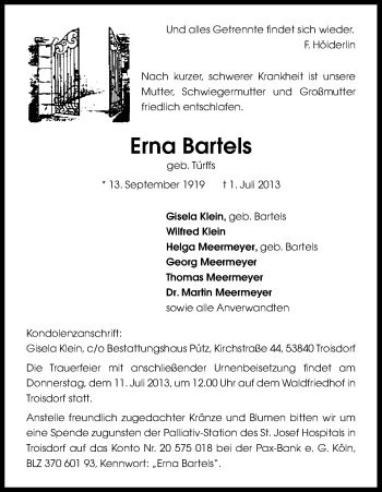Anzeige von Erna Bartels von Kölner Stadt-Anzeiger / Kölnische Rundschau / Express