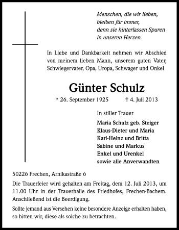 Anzeige von Günter Schulz von Kölner Stadt-Anzeiger / Kölnische Rundschau / Express