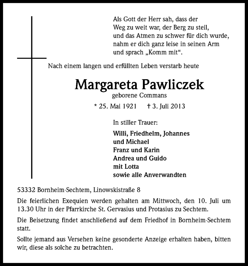  Traueranzeige für Margareta Pawliczek vom 06.07.2013 aus Kölner Stadt-Anzeiger / Kölnische Rundschau / Express