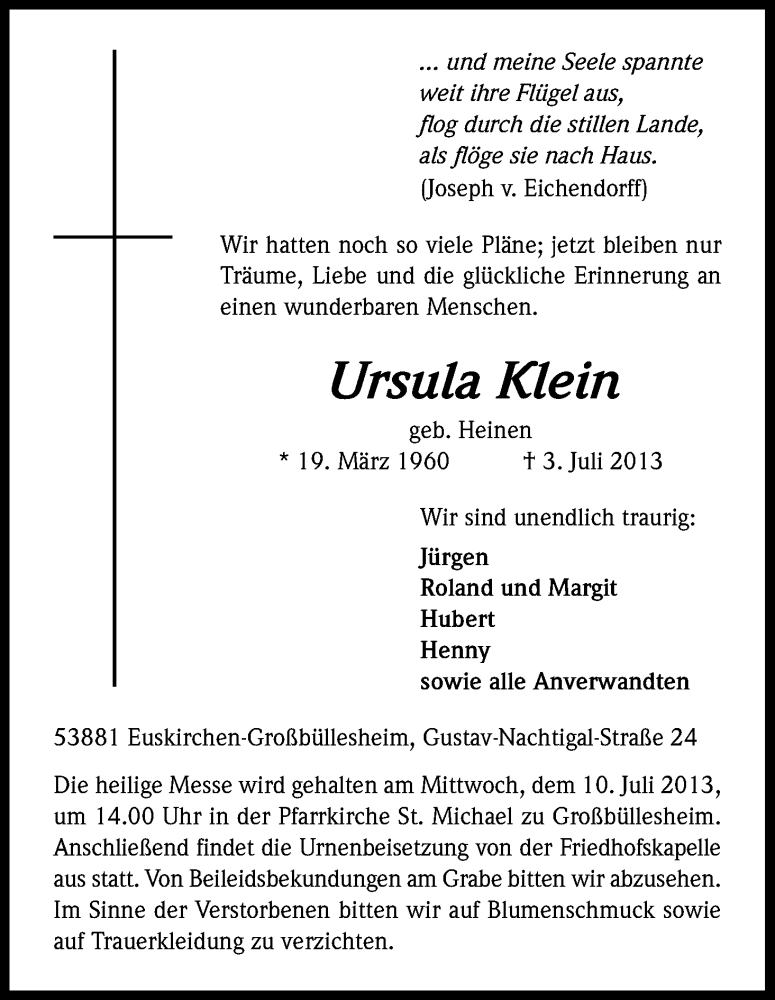  Traueranzeige für Klein Ursula vom 06.07.2013 aus Kölner Stadt-Anzeiger / Kölnische Rundschau / Express