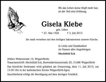 Anzeige von Gisela Klebe von Kölner Stadt-Anzeiger / Kölnische Rundschau / Express