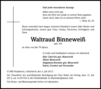 Anzeige von Waltraud Binneweiß von Kölner Stadt-Anzeiger / Kölnische Rundschau / Express
