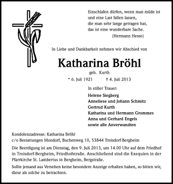Anzeige von Katharina Bröhl von Kölner Stadt-Anzeiger / Kölnische Rundschau / Express