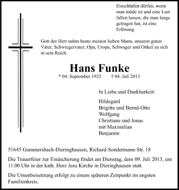 Anzeige von Hans Funke von Kölner Stadt-Anzeiger / Kölnische Rundschau / Express