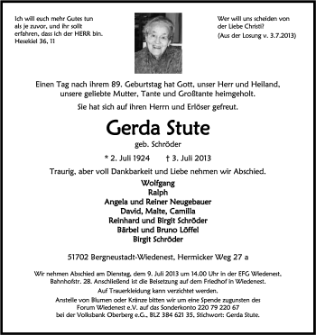 Anzeige von Gerda Stute von Kölner Stadt-Anzeiger / Kölnische Rundschau / Express