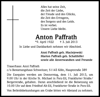 Anzeige von Anton Paffrath von Kölner Stadt-Anzeiger / Kölnische Rundschau / Express