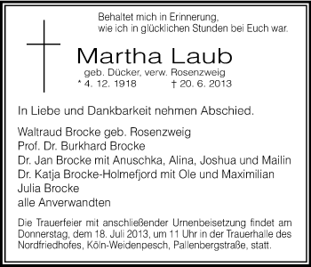 Anzeige von Martha Laub von Kölner Stadt-Anzeiger / Kölnische Rundschau / Express