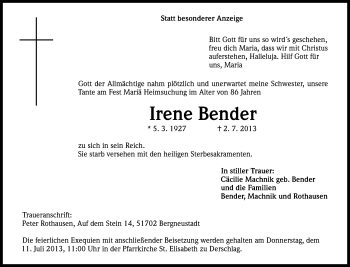 Anzeige von Irene Bender von Kölner Stadt-Anzeiger / Kölnische Rundschau / Express