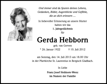 Anzeige von Gerda Hebborn von Kölner Stadt-Anzeiger / Kölnische Rundschau / Express