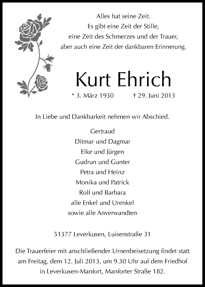  Traueranzeige für Kurt Ehrich vom 06.07.2013 aus Kölner Stadt-Anzeiger / Kölnische Rundschau / Express