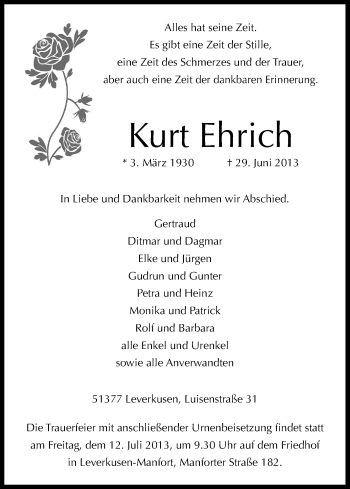 Anzeige von Kurt Ehrich von Kölner Stadt-Anzeiger / Kölnische Rundschau / Express