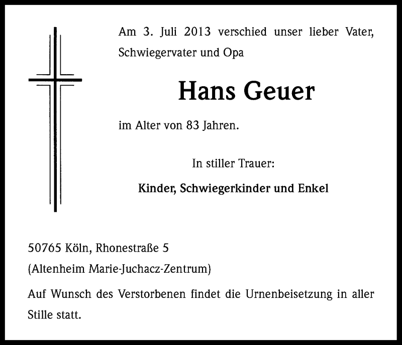  Traueranzeige für Hans Greuer vom 06.07.2013 aus Kölner Stadt-Anzeiger / Kölnische Rundschau / Express