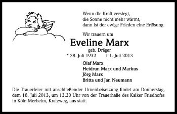 Anzeige von Eveline Marx von Kölner Stadt-Anzeiger / Kölnische Rundschau / Express