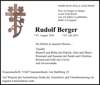 Anzeige von Rudolf Berger von Kölner Stadt-Anzeiger / Kölnische Rundschau / Express