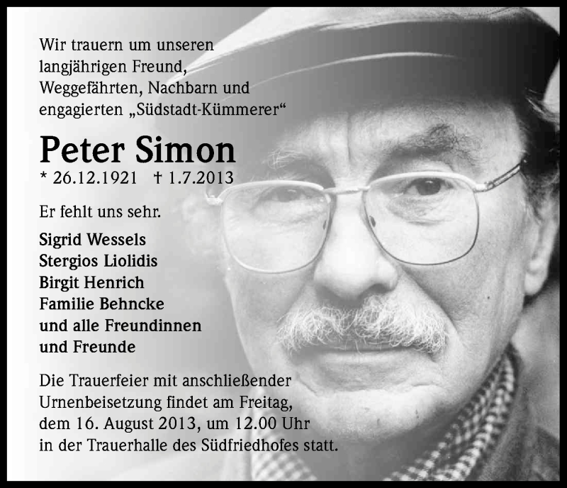  Traueranzeige für Peter Simon vom 10.08.2013 aus Kölner Stadt-Anzeiger / Kölnische Rundschau / Express