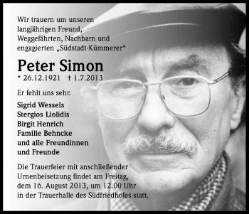 Anzeige von Peter Simon von Kölner Stadt-Anzeiger / Kölnische Rundschau / Express