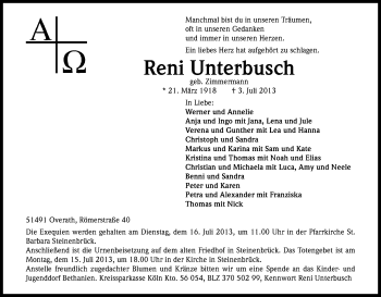 Anzeige von Reni Unterbusch von Kölner Stadt-Anzeiger / Kölnische Rundschau / Express