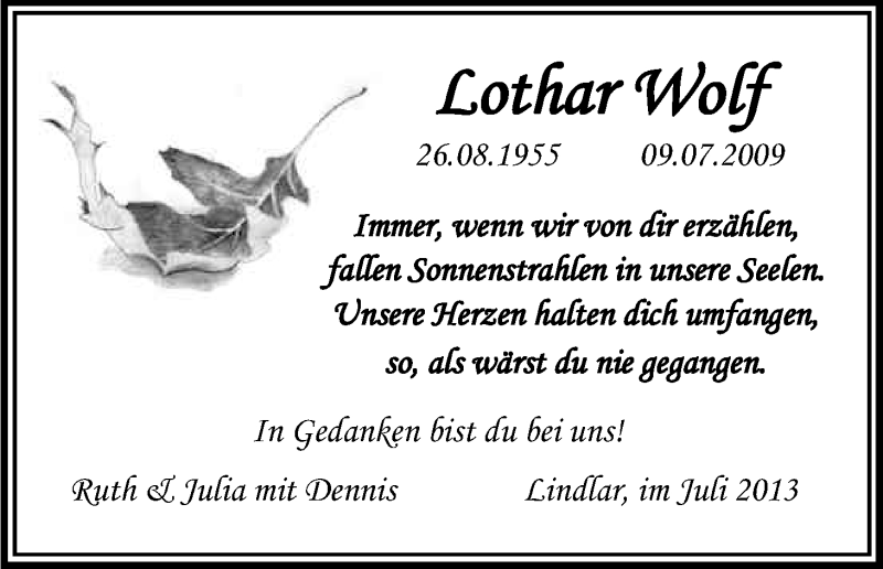  Traueranzeige für Lothar Wolf vom 09.07.2013 aus Kölner Stadt-Anzeiger / Kölnische Rundschau / Express