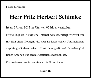 Anzeige von Fritz Herbert Schimke von Kölner Stadt-Anzeiger / Kölnische Rundschau / Express