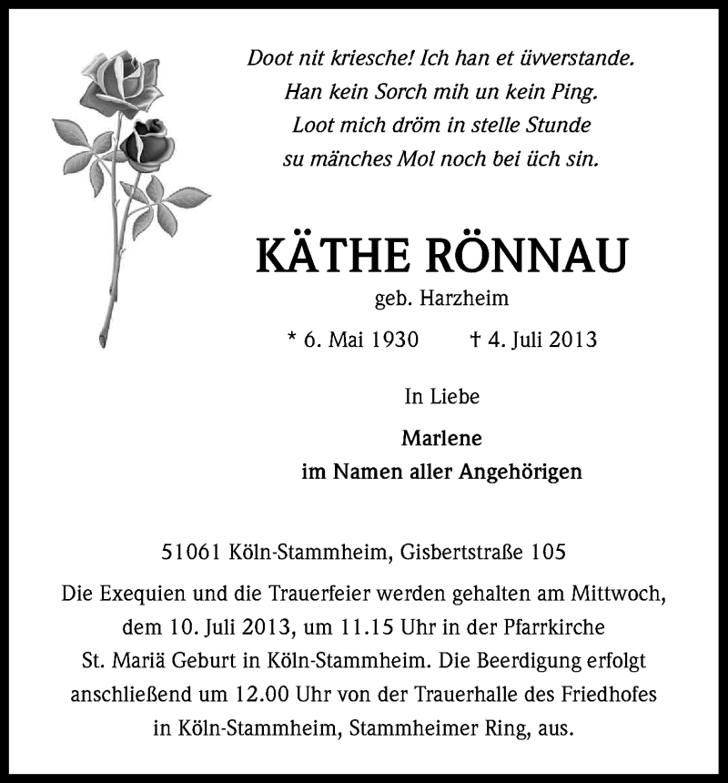  Traueranzeige für Rönnau Rönnau vom 08.07.2013 aus Kölner Stadt-Anzeiger / Kölnische Rundschau / Express
