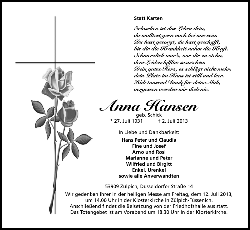  Traueranzeige für Anna Hansen vom 06.07.2013 aus Kölner Stadt-Anzeiger / Kölnische Rundschau / Express