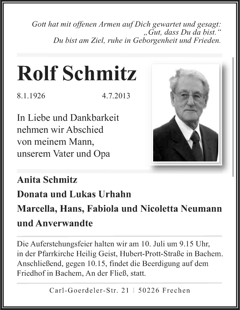  Traueranzeige für Rolf Schmitz vom 06.07.2013 aus Kölner Stadt-Anzeiger / Kölnische Rundschau / Express