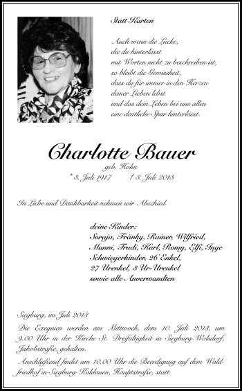 Anzeige von Charlotte Bauer von Kölner Stadt-Anzeiger / Kölnische Rundschau / Express