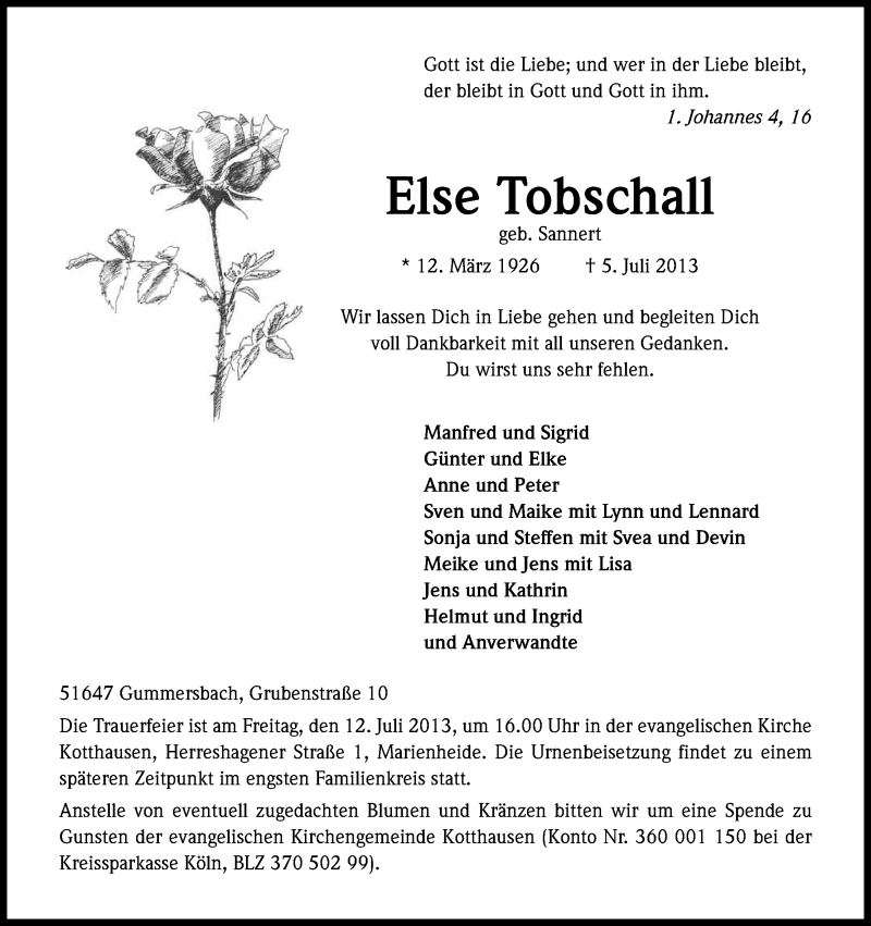  Traueranzeige für Else Tobschall vom 08.07.2013 aus Kölner Stadt-Anzeiger / Kölnische Rundschau / Express