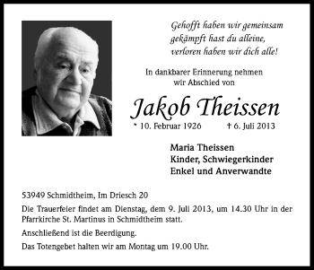 Anzeige von Jakob Theissen von Kölner Stadt-Anzeiger / Kölnische Rundschau / Express