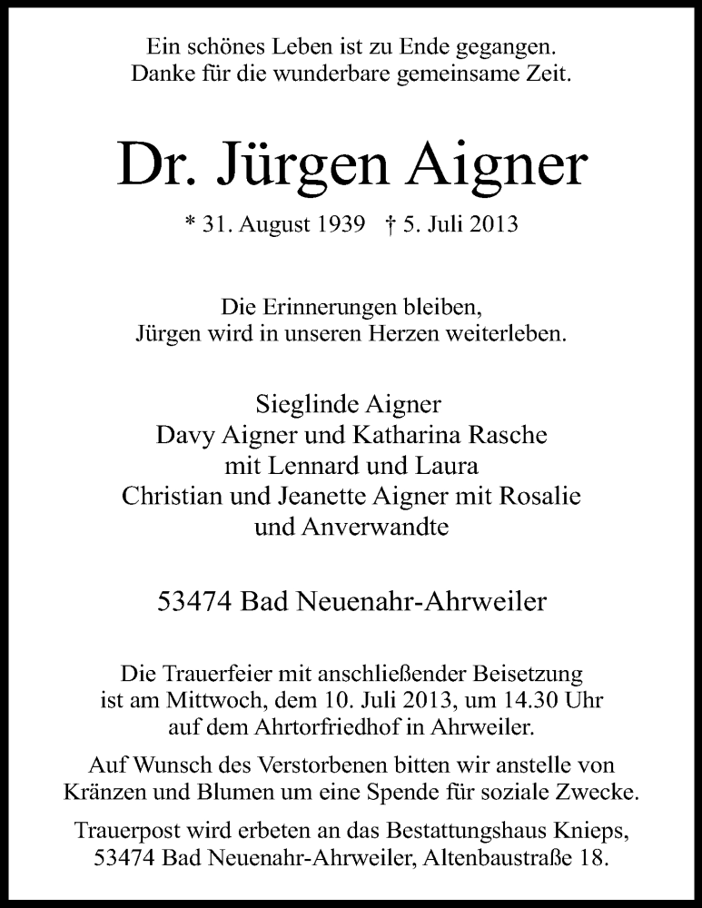  Traueranzeige für Jürgen Aigner vom 08.07.2013 aus Kölner Stadt-Anzeiger / Kölnische Rundschau / Express