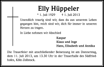 Anzeige von Elly Hüppeler von Kölner Stadt-Anzeiger / Kölnische Rundschau / Express