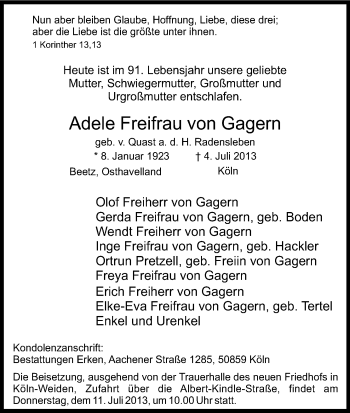 Anzeige von Adele  Freifrau von Gagern von Kölner Stadt-Anzeiger / Kölnische Rundschau / Express