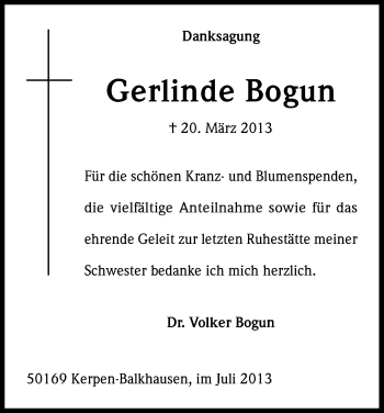 Anzeige von Gerlinde Bogun von Kölner Stadt-Anzeiger / Kölnische Rundschau / Express