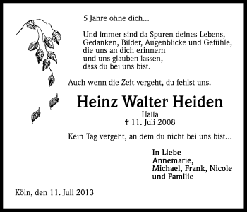 Anzeige von Heinz Walter Heiden von Kölner Stadt-Anzeiger / Kölnische Rundschau / Express