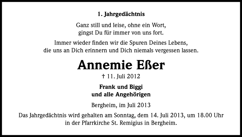  Traueranzeige für Annemie Eßer vom 10.07.2013 aus Kölner Stadt-Anzeiger / Kölnische Rundschau / Express